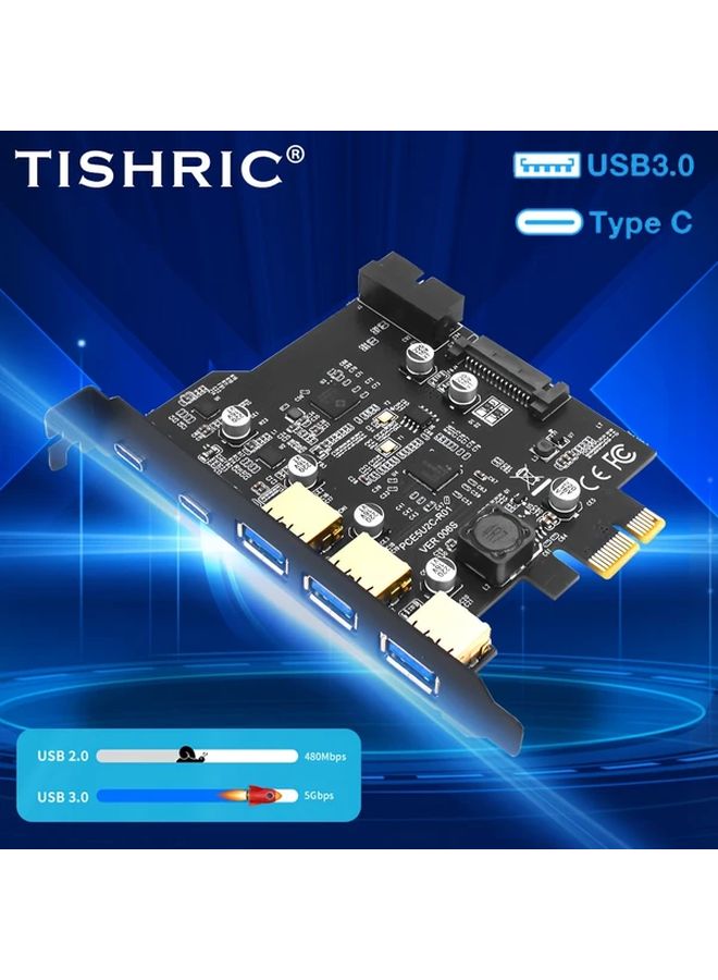 بطاقة توسعة PCIe USB سوداء 1X إلى Type E مع 3 منافذ USB 3.0 و 2 منفذ Type C، مزودة بمصدر طاقة مزدوج USB 3.2 الجيل الثاني بسرعة 5 جيجابت في الثانية، وتعمل بطاقة SATA لأجهزة الكمبيوتر المكتبية. - Image 4